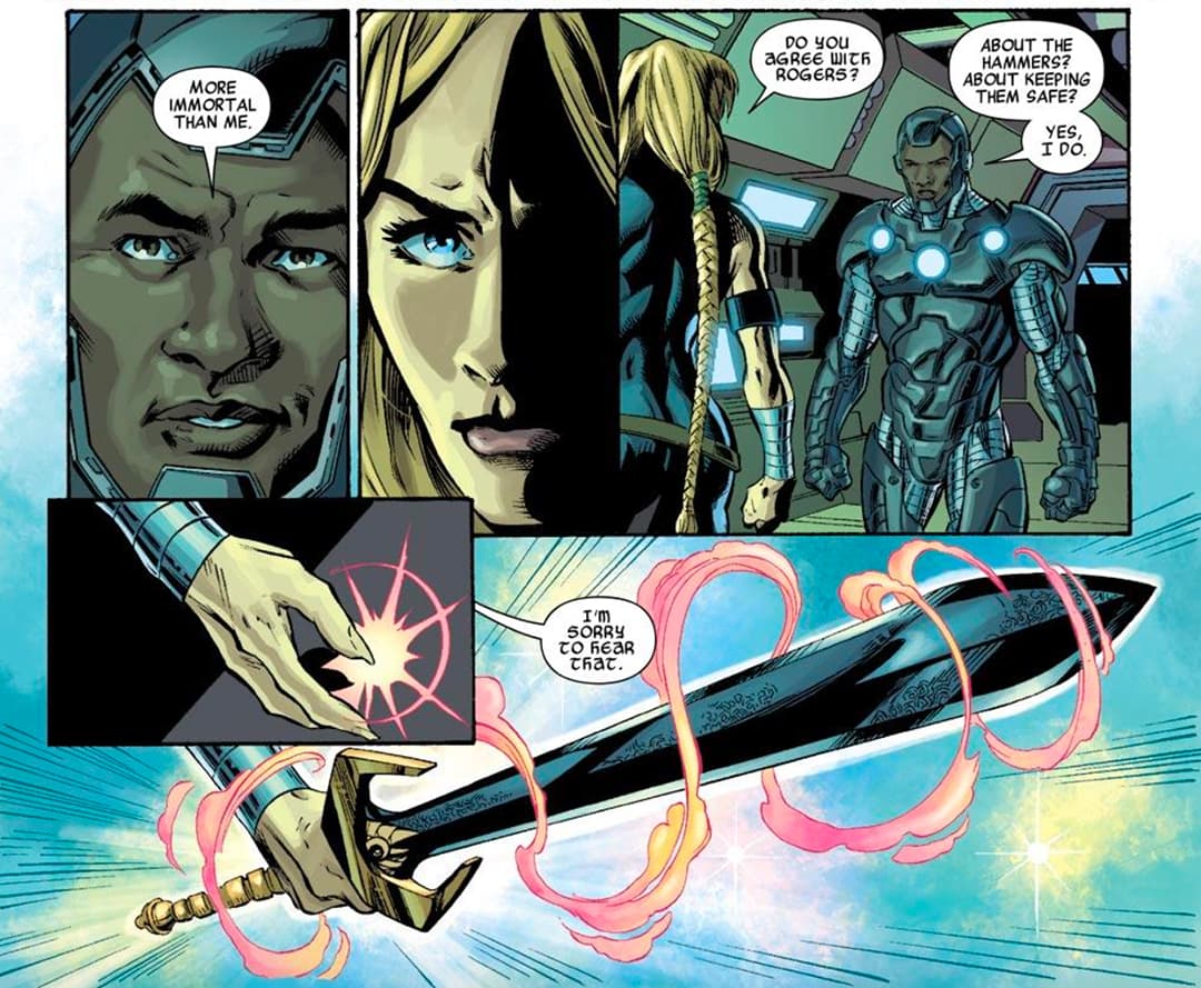 Valkyrie summoning the power of her sword when confronted.