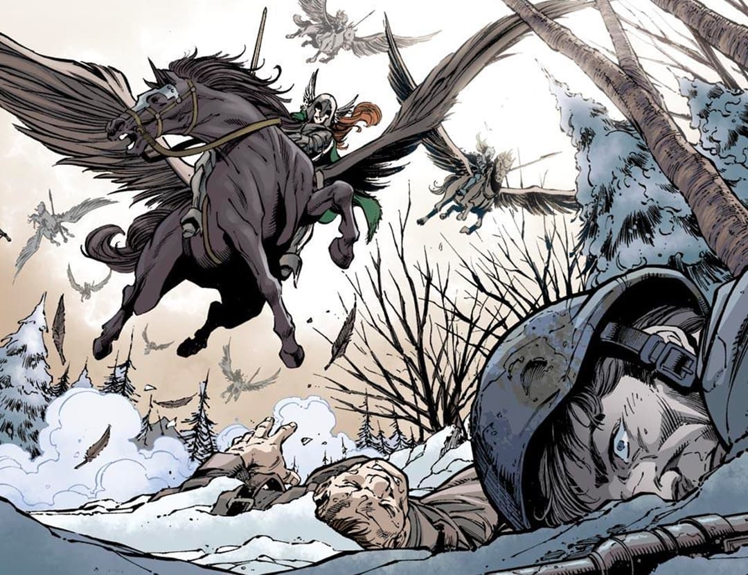 Valkyrie riding her flying horse, Aragorn.