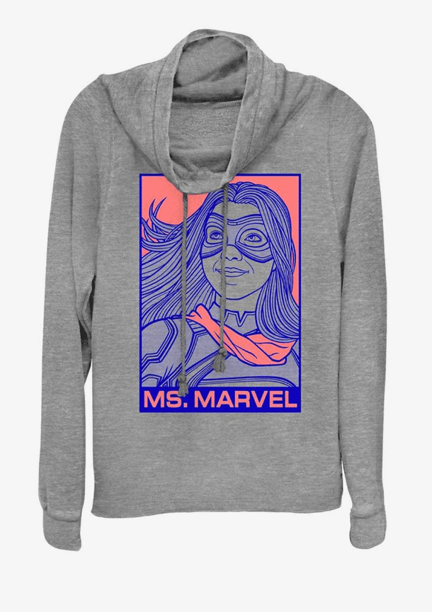 Ms. Marvel sweatshirt / shop it <a href=https://www.hottopic.com/product/marvel-ms.-marvel-pop-cowlneck-long-sleeve-girls-top/19120540.html>here</a>