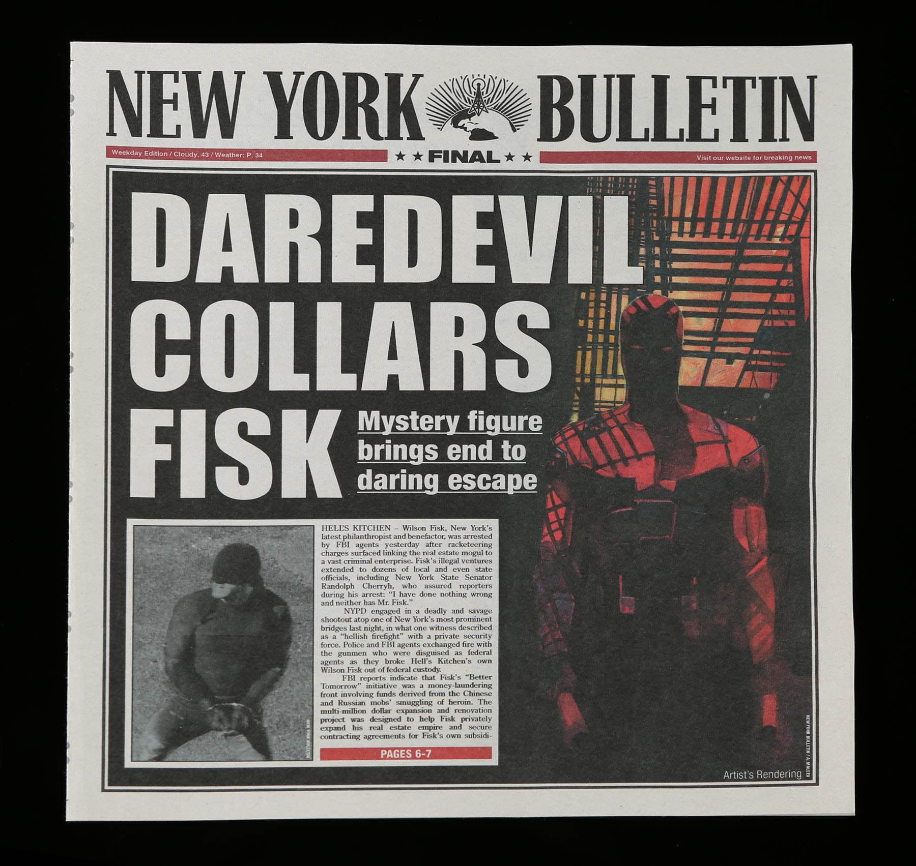“Daredevil Collars Fisk” New York Bulletin Newspaper Cover from 'Marvel's Daredevil'