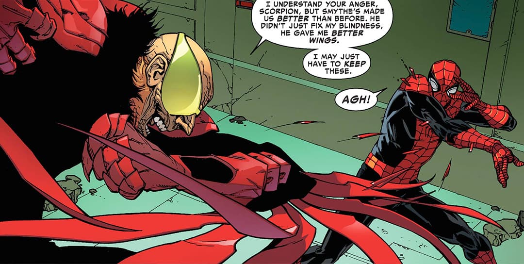 Vulture uses his new wings to attack Spider-Man.