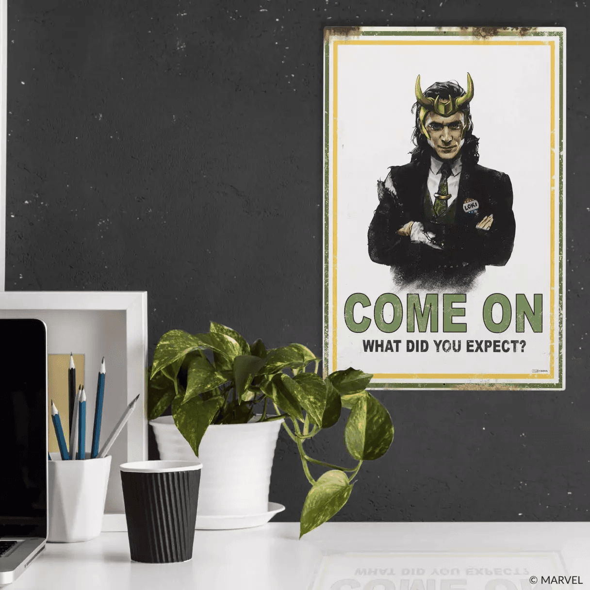 Shop it <a href=https://www.shopdisney.com/loki-what-did-you-expect-metal-sign-196822059293.html>here</a>