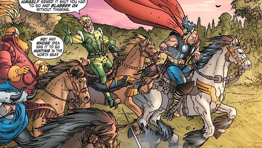 The Warriors Three ride into battle with Thor