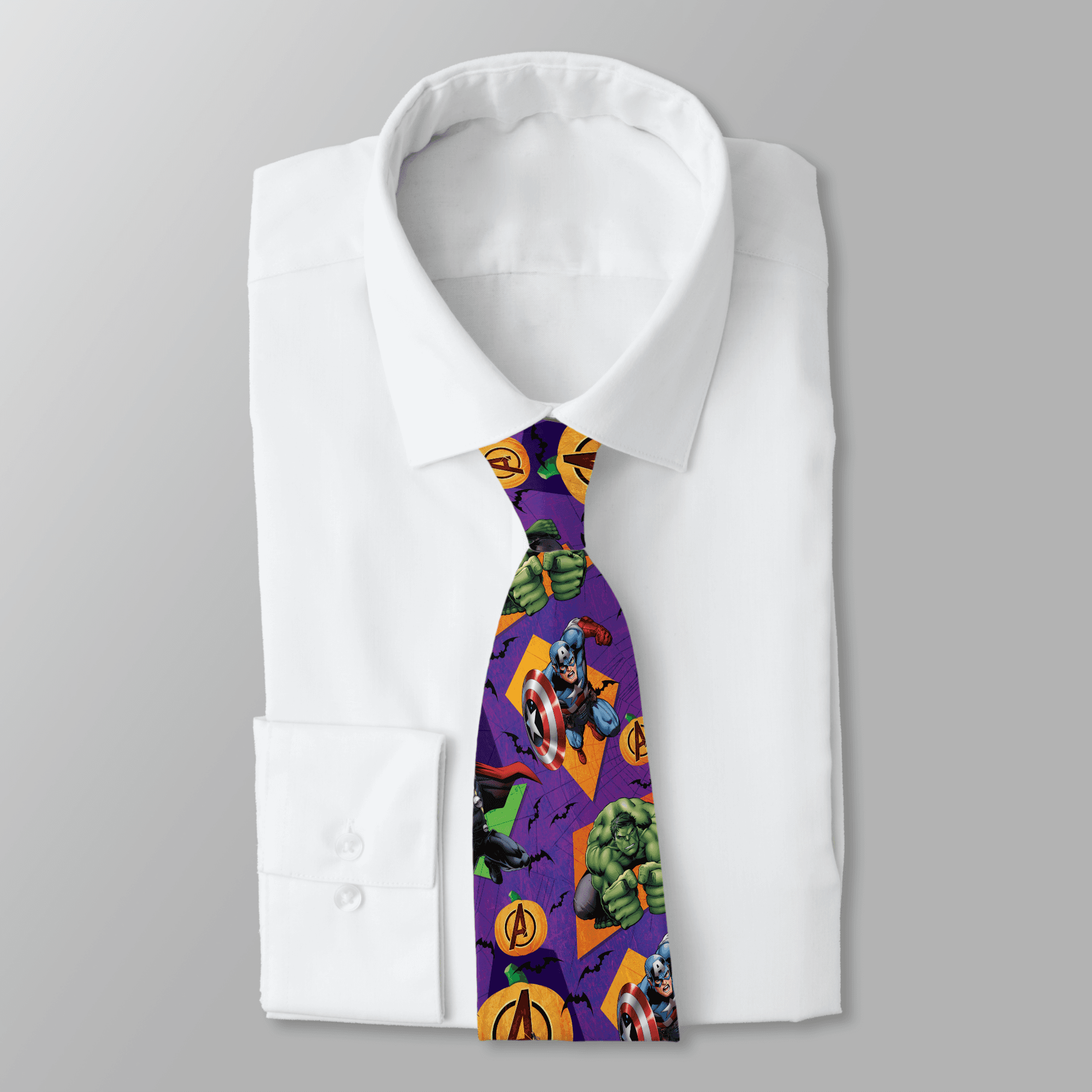 Halloween tie / shop it <a href=https://www.zazzle.com/happy_marvel_halloween_pattern_neck_tie-151025982396097073>here</a>