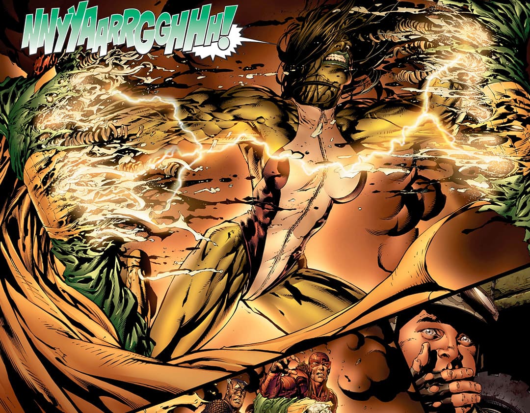 She-Hulk rips Vision apart with her bare hands.