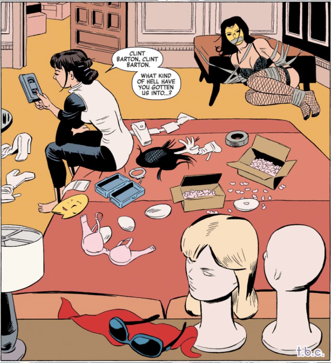 Kate Bishop overpowers Madame Masque and assumes her identity in order to save Clint Barton.