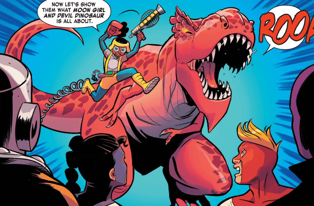 Lunella and Devil Dinosaur battle the Wrecking Crew