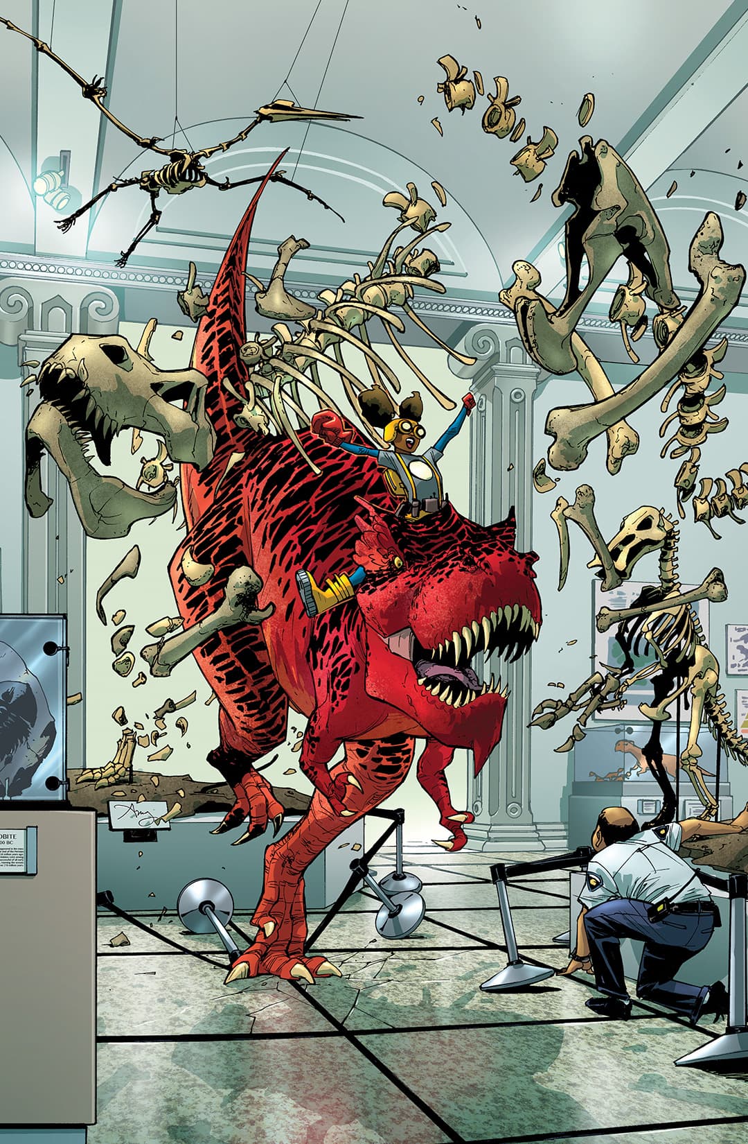 Devil Dinosaur running through museum