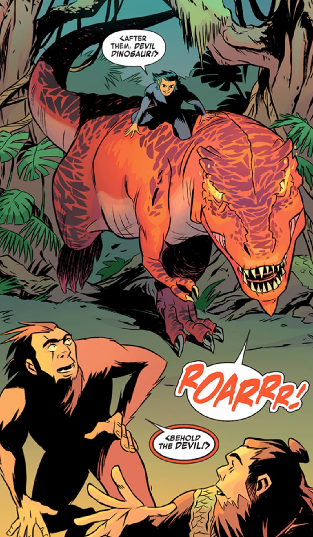 Devil Dinosaur emerging from forest