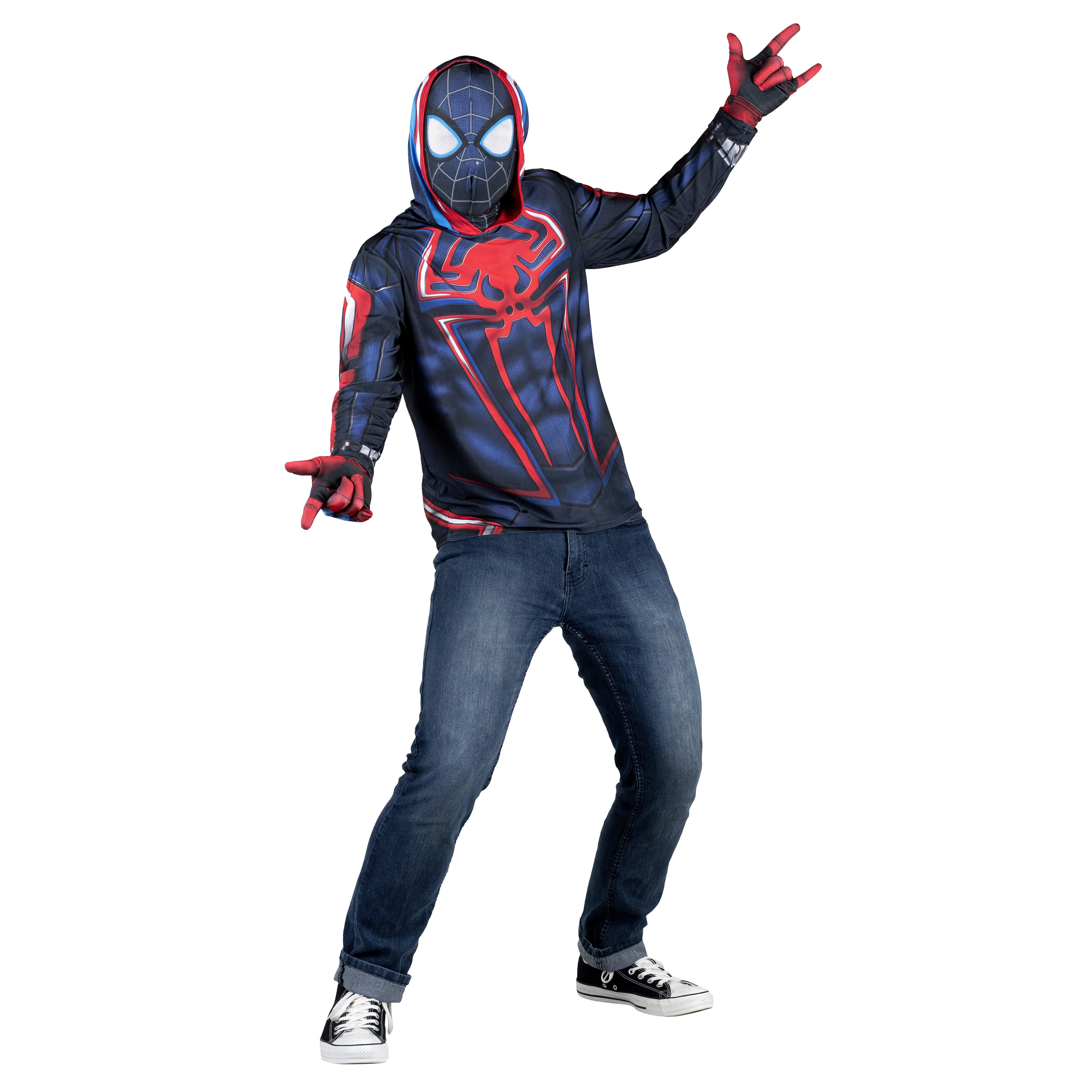 Adult Miles Morales costume / shop it <a href=https://www.gamestop.com/clothing/mens/costumes/products/jazwares-marvel-miles-morales-2099-adult-costume-top-gamestop-exclusive/340491.html>here</a>