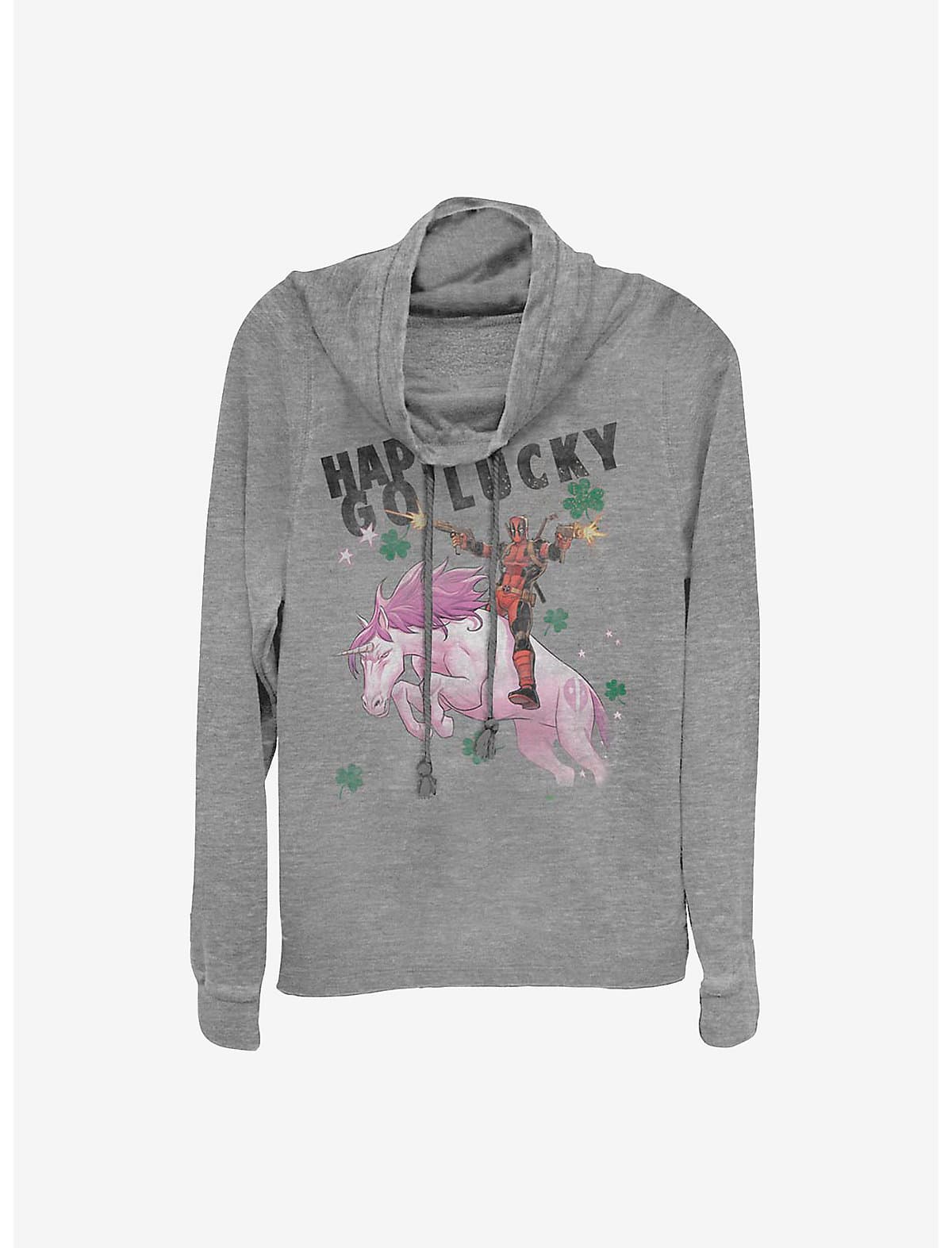 <a href=https://www.hottopic.com/product/marvel-deadpool-charm-happy-go-lucky-cowlneck-long-sleeve-girls-top/14586728.html>Deadpool Happy Go Lucky Hoodie</a> / Hot Topic