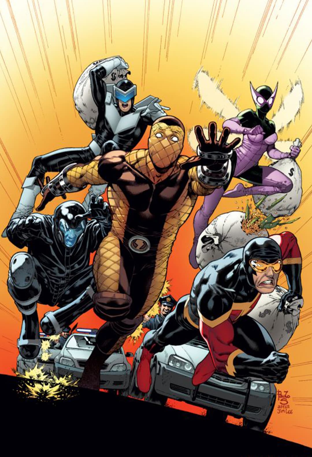 Shocker with team of villains running from police carrying bags of stolen money