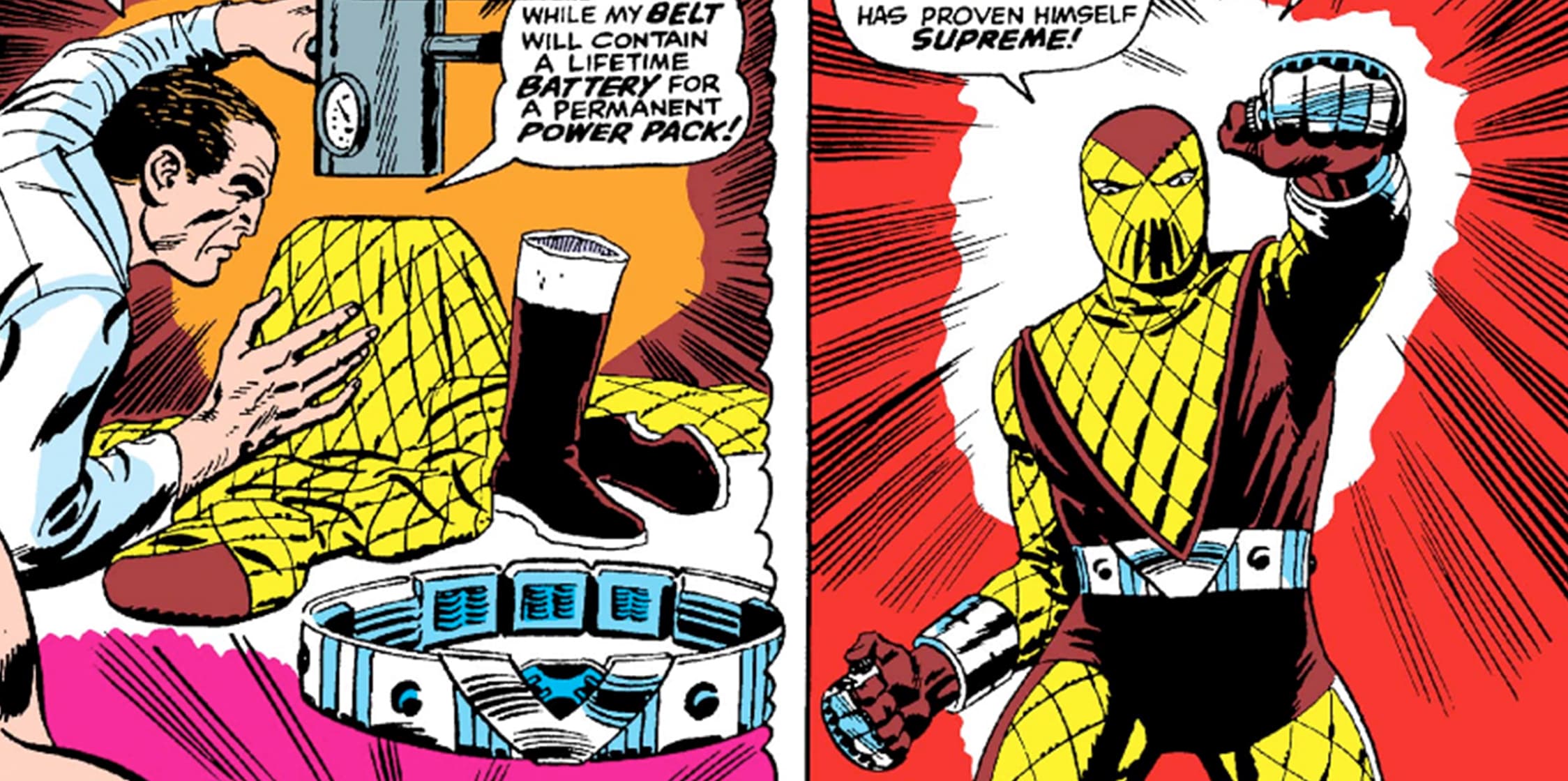 Herman Schultz designing his costume so that when he turns into Shocker he can use the advanced weapons in he suit to fight his foes.