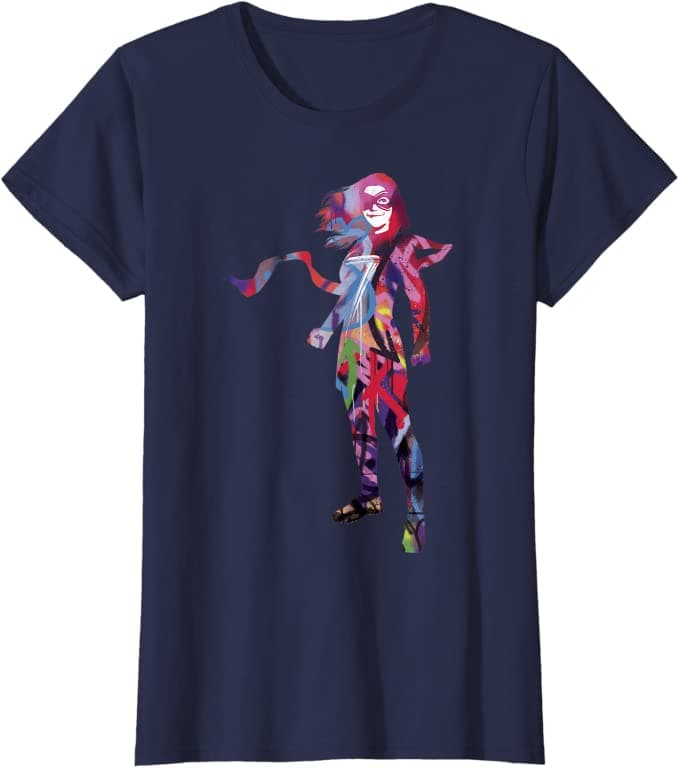 Ms. Marvel graffiti t-shirt / shop it <a href=https://www.amazon.com/Marvel-Kamala-Graffiti-Silhouette-T-Shirt/dp/B09YT7F8C3>here</a>