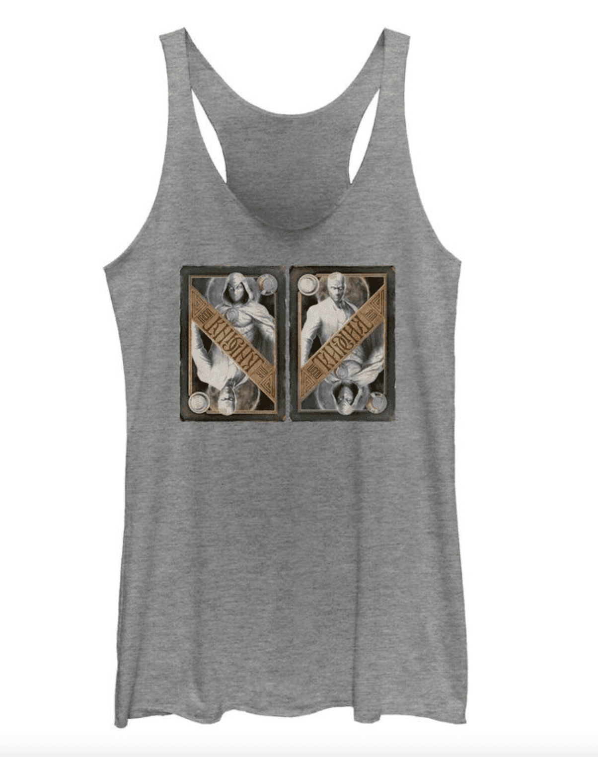 Moon Knight Two Personalities T-Shirt / shop it <a href=https://www.walmart.com/ip/Women-s-Marvel-Moon-Knight-Two-Personalities-Playing-Cards-Racerback-Tank-Top-Gray-Heather-Large/390733120>here</a>