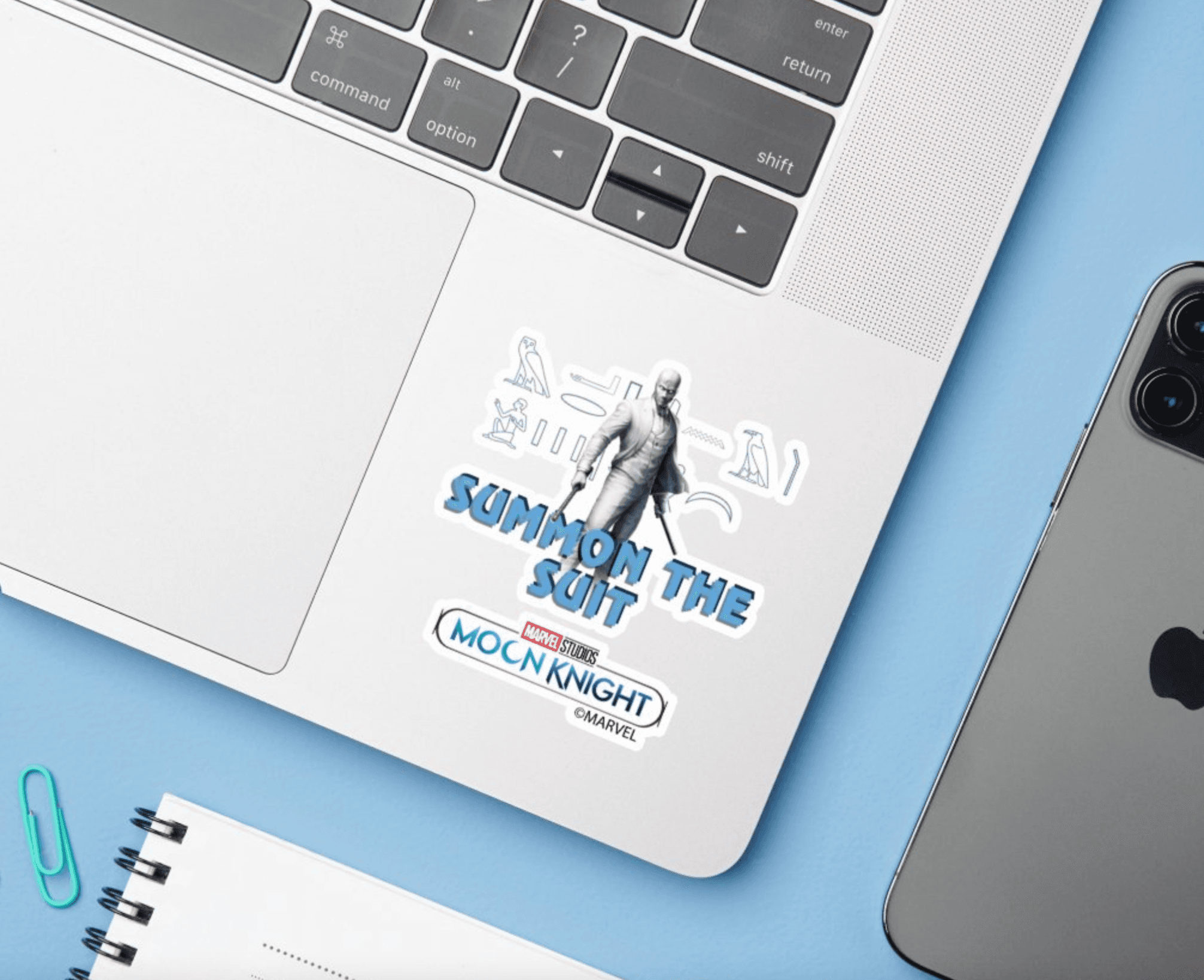 Moon Knight sticker / shop it <a  href=https://www.zazzle.com/mr_knight_summon_the_suit_sticker-256526343497702379>here</a>