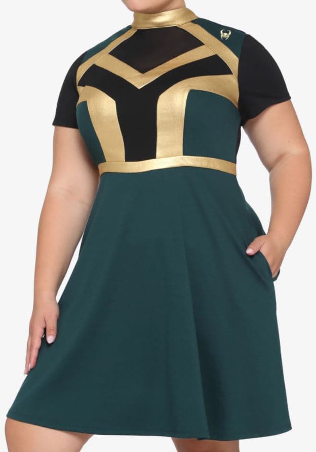 Her Universe Loki Mesh Dress / shop it <a href=https://www.hottopic.com/product/her-universe-marvel-loki-mock-neck-mesh-inset-panel-dress/15095345.html>here</a>
