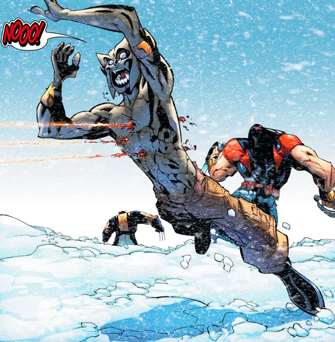 Caliban shielding Warpath from bullets