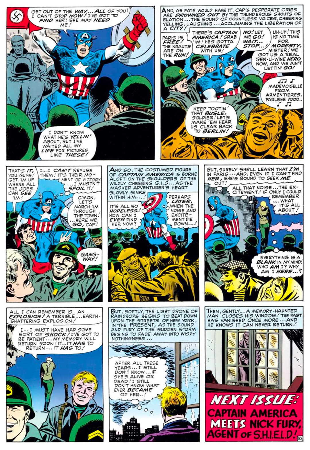 Suffering from amnesia, Carter walked away from the battle not knowing or recognizing Captain America as he hurtled himself through a crowd looking for her.
