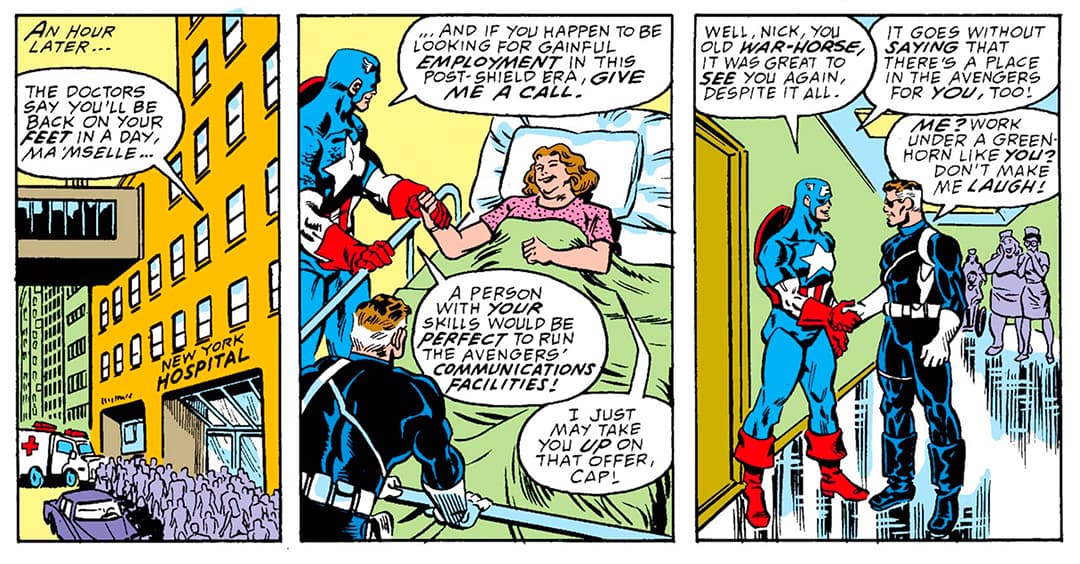 Captain American and Nick Fury visit Peggy in the hospital.