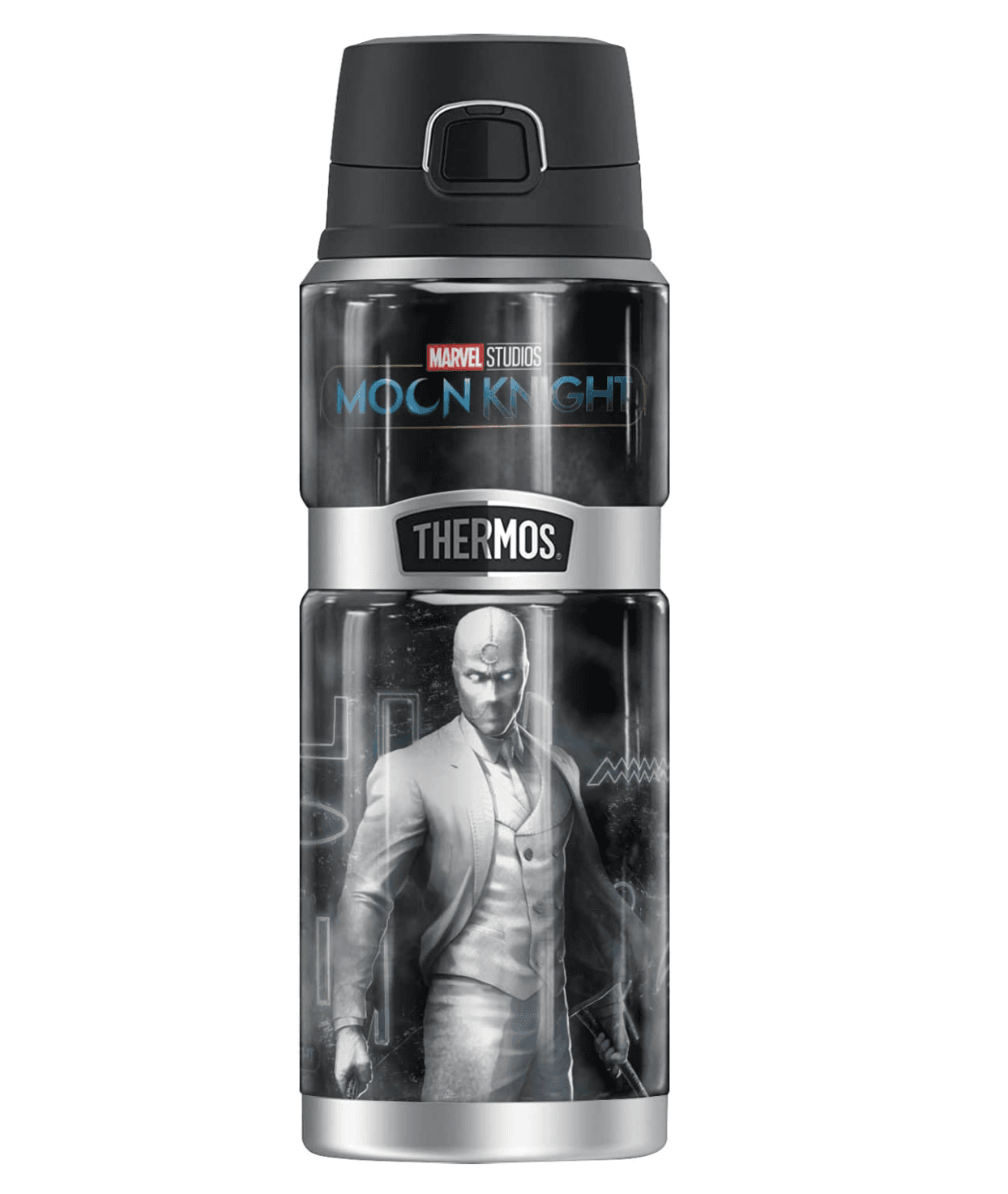 Moon Knight Stainless Steel Drink Bottle / shop it <a href=https://www.amazon.com/Hieroglyphics-THERMOS-STAINLESS-Stainless-insulated/dp/B09TF8G189>here</a>