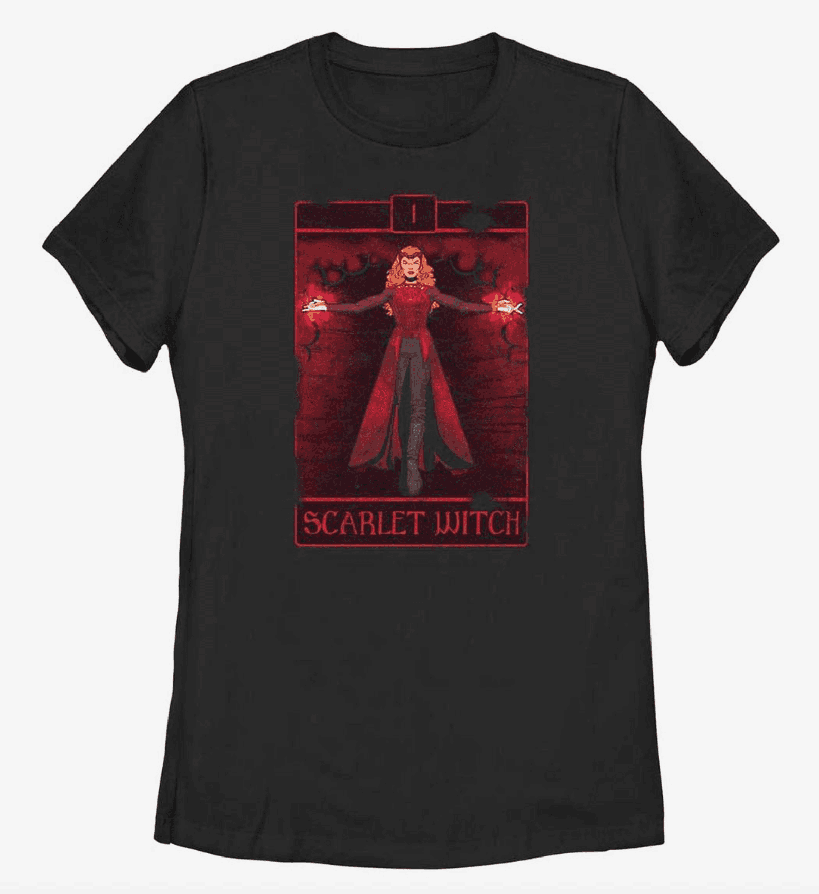 Scarlet Witch Tarot t-shirt / shop it <a href=https://www.boxlunch.com/product/marvel-doctor-strange-in-the-multiverse-of-madness-scarlet-witch-tarot-womens-t-shirt/18804578.html>here</a>