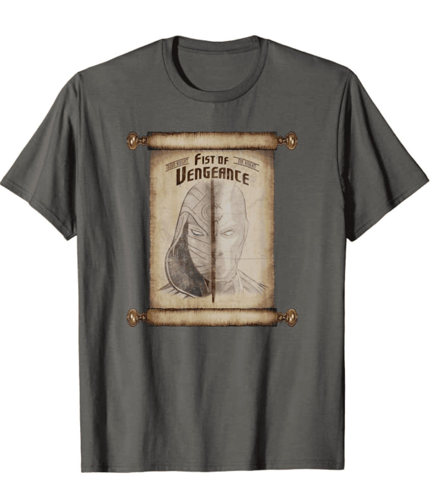 Moon Knight Fist Of Vengeance t-shirt / shop it <a href=https://www.amazon.com/Marvel-Knight-Vengeance-Scroll-T-Shirt/dp/B09TQ2B6VD>here</a>