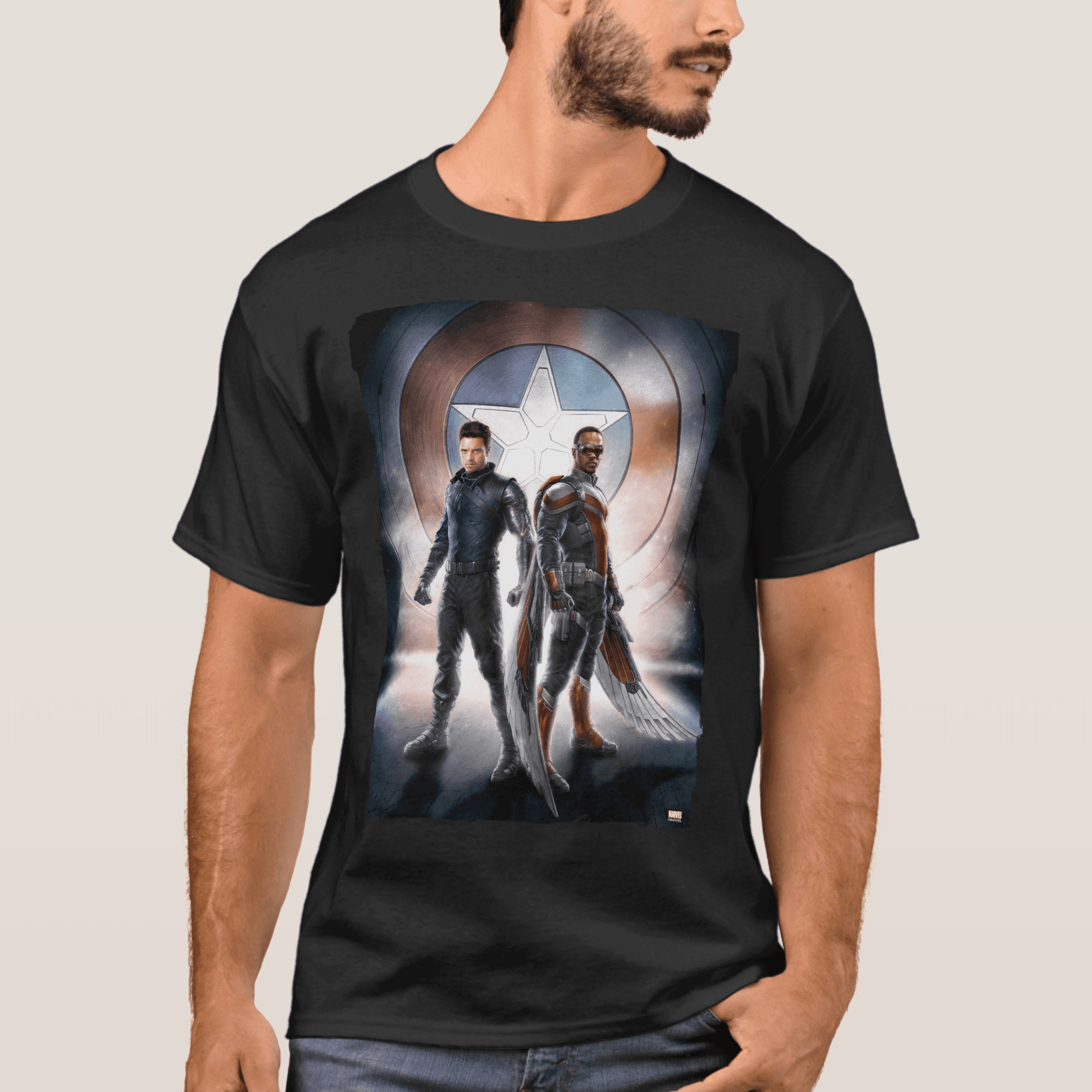 <a href=https://www.zazzle.com/winter_soldier_the_falcon_in_front_of_shield_t_shirt-235631701234724266>Falcon and Winter Soldier Shield</a> / Zazzle