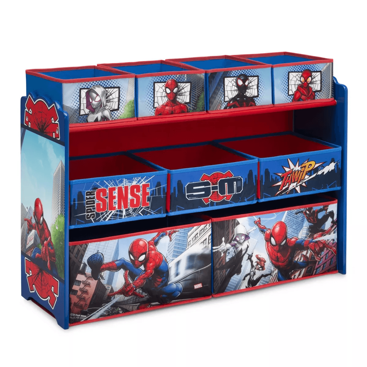 Shop it <a href=https://www.target.com/p/delta-children-marvel-spider-man-deluxe-9-bin-design-and-store-toy-organizer/-/A-88077025>here</a>