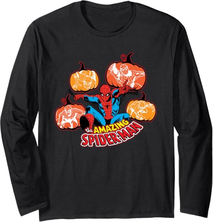 Marvel Amazing Spider-Man Halloween Fall Pumpkins Comic Art Long Sleeve T-Shirt