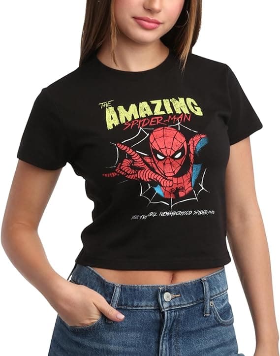 Marvel Women's Graphic Tee - The Amazing Spider-Man Novelty Fashion Cropped Baby Tee - Breathable Crop Tops for Women (S-L)