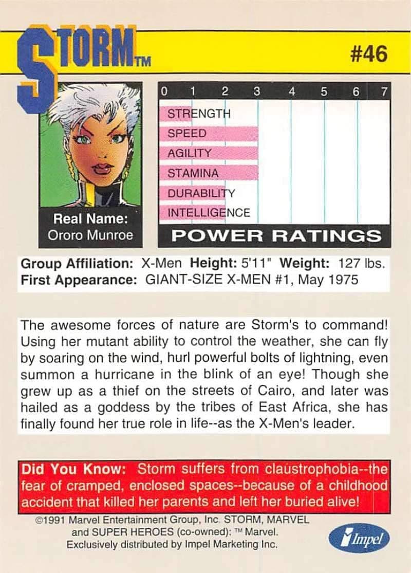 1991 Impel Marvel Universe Trading Card #46 Storm Official Marvel Character Card Back