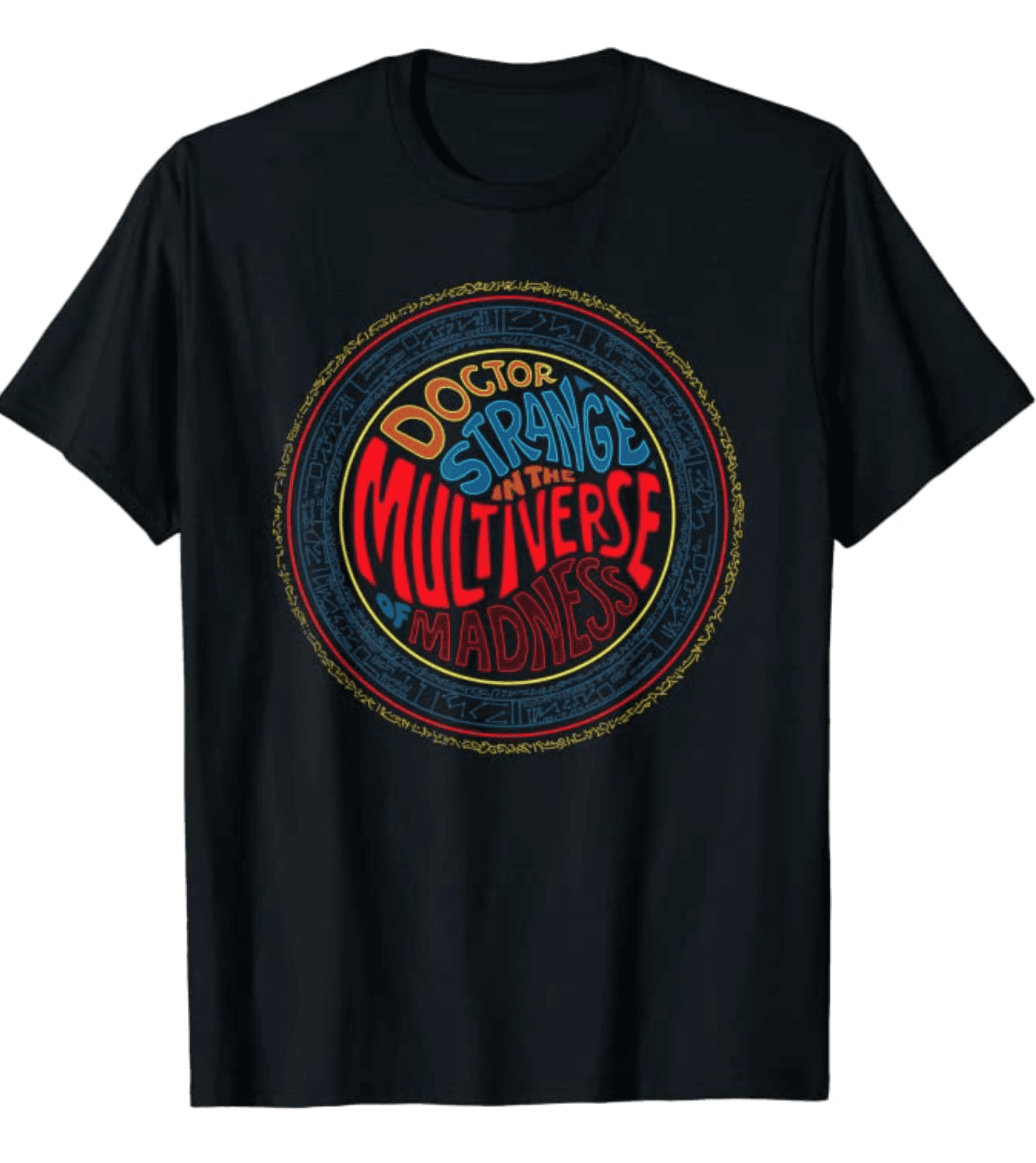 Doctor Strange Colorful Runes t-shirt / shop it <a href=https://www.amazon.com/Marvel-Strange-Multiverse-Madness-Colorful/dp/B09QPWWQQV>here</a>