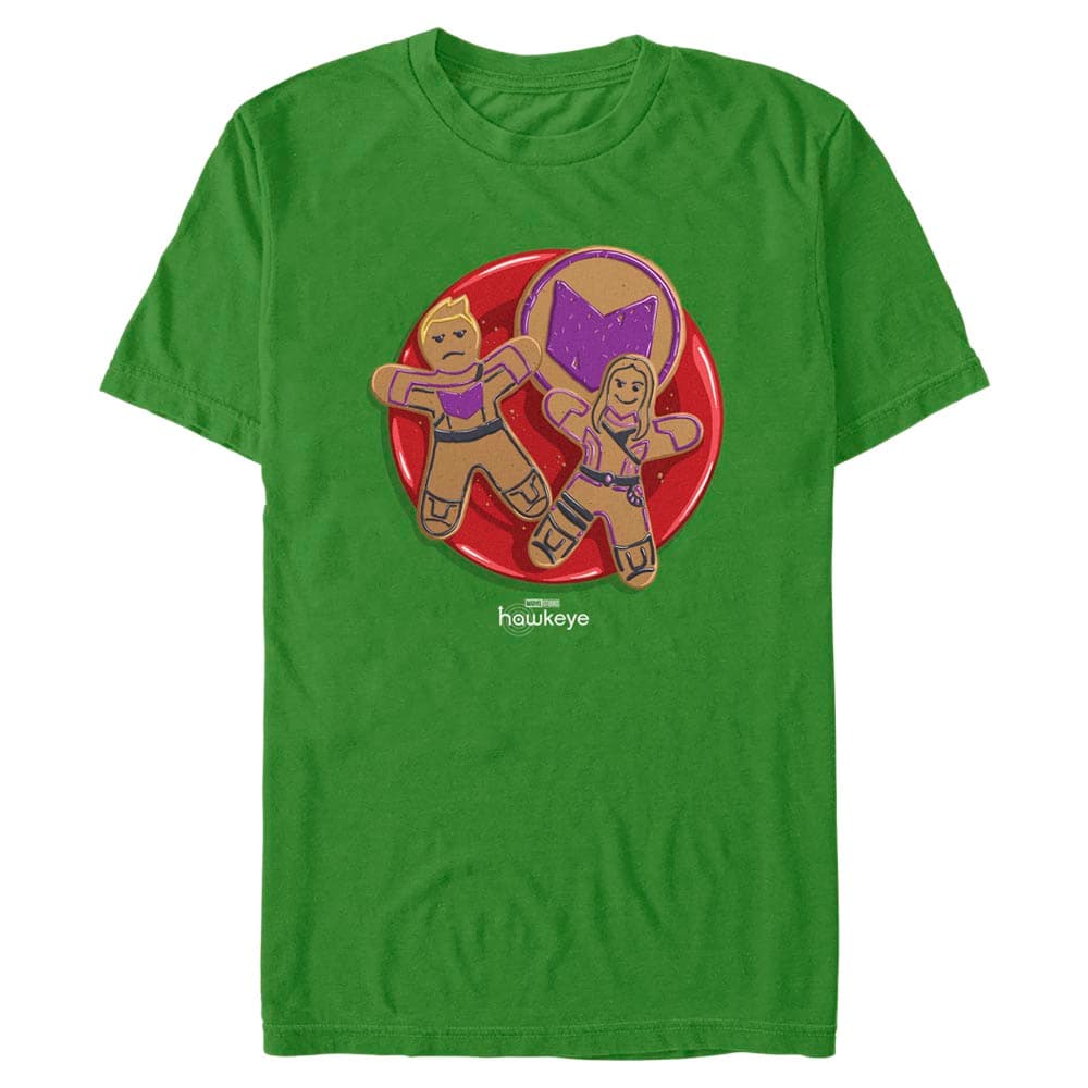 Hawkeye Gingerbread T-Shirt / shop it <a href=https://www.hottopic.com/product/marvel-hawkeye-gingerbread-cookies-t-shirt/17283133.html>here</a>