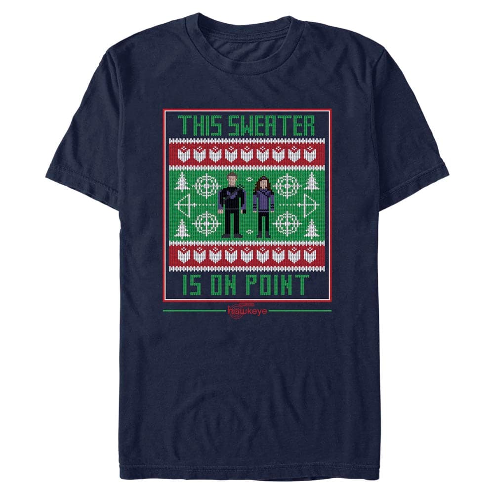 “This Sweater Is On Point” T-Shirt / shop it <a href=https://www.hottopic.com/product/marvel-hawkeye-this-holiday-sweater-is-on-point-t-shirt/17283263.html>here</a>