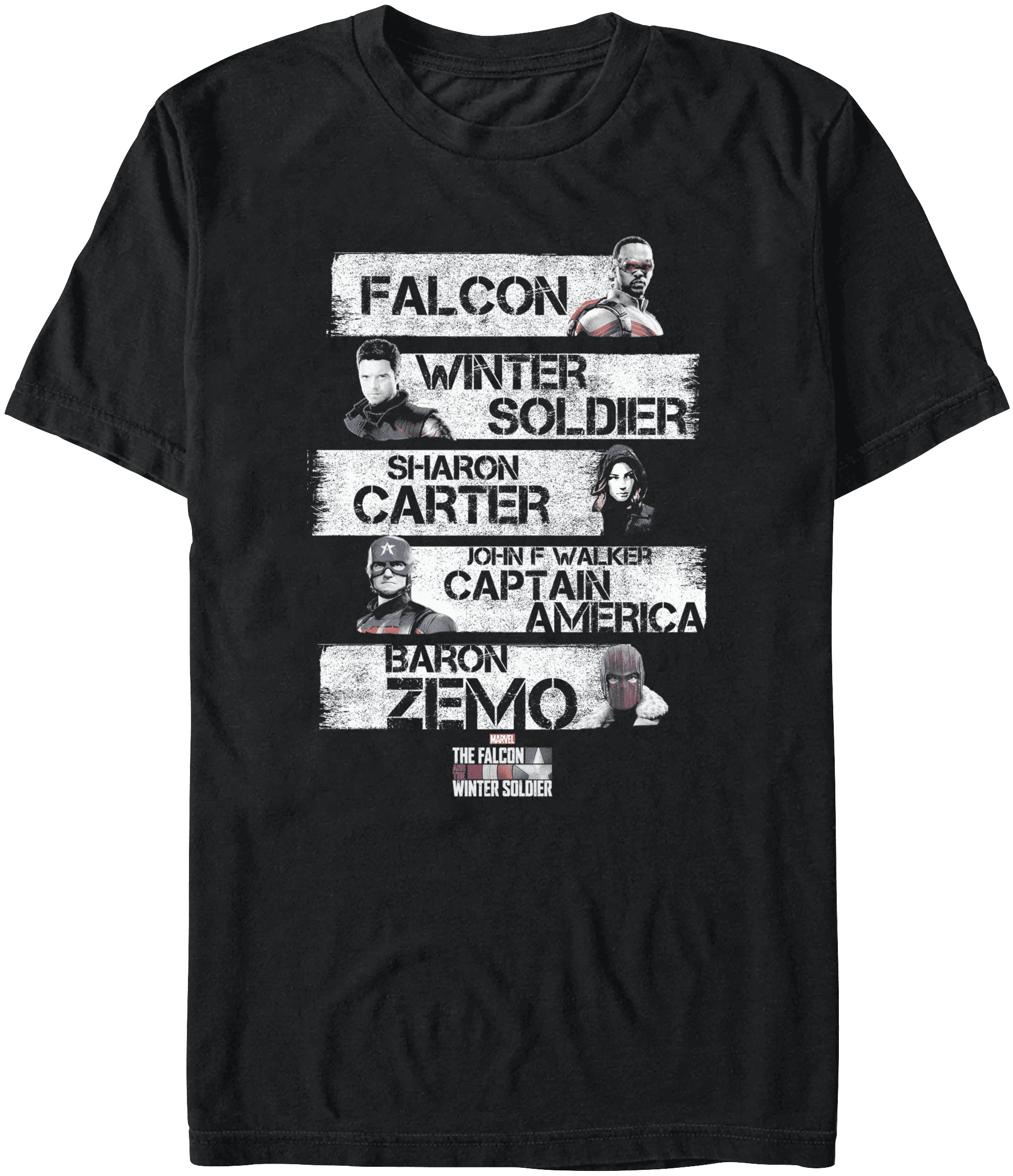 <a href=https://www.hottopic.com/product/marvel-the-falcon-and-the-winter-soldier-character-stack-t-shirt/15523114.html>Character Stack T-Shirt</a> / Hot Topic
