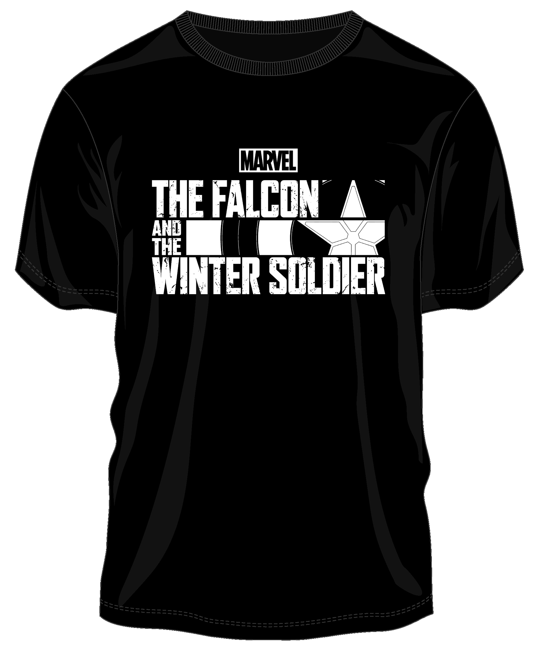 <a href=https://www.amazon.com/Falcon-Soldier-Packaged-Graphic-Shirt-S/dp/B08WDZ4S66>Black and White Logo T-Shirt </a> / Amazon