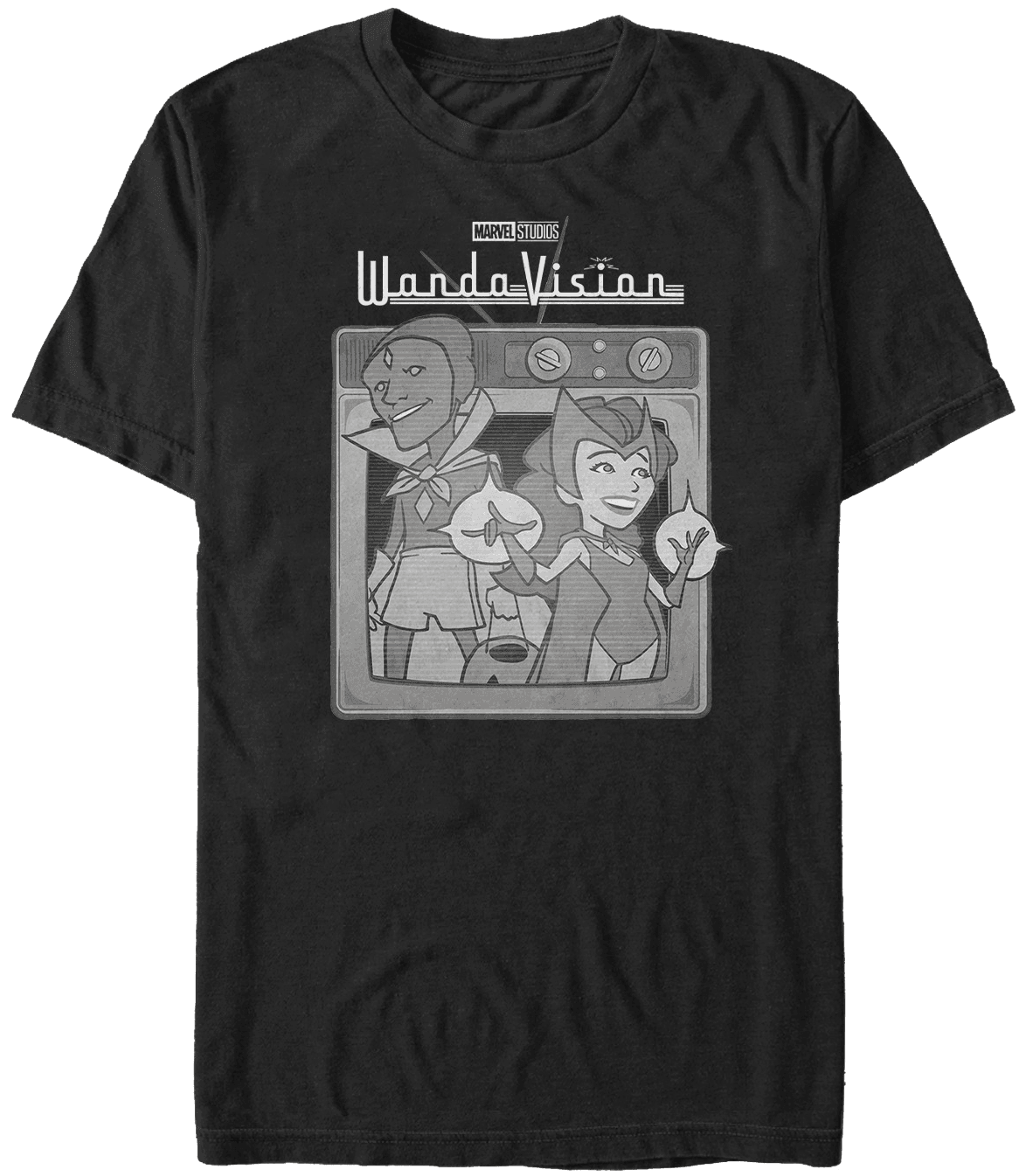 <a href="https://www.hottopic.com/product/marvel-wandavision-retro-we-are-an-unusual-couple-t-shirt/15103859.html">WandaVision Vintage TV T-Shirt</a>/ Hot Topic