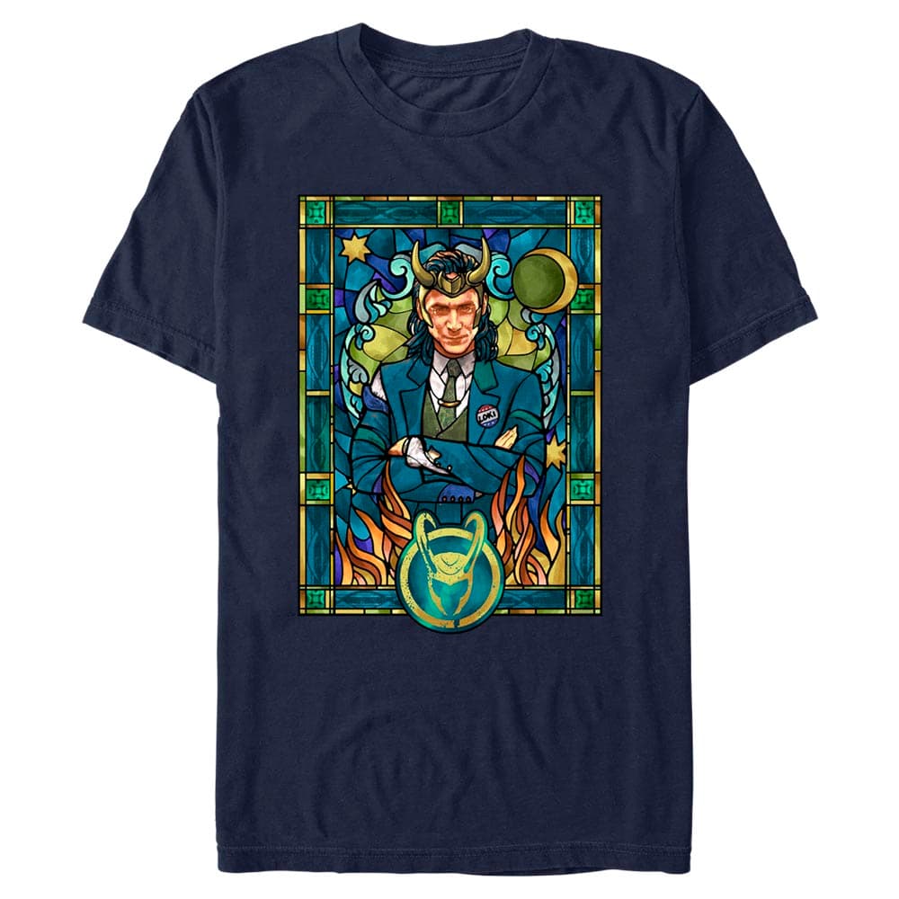President Loki Stained Glass T-Shirt / shop it <a href=https://www.hottopic.com/product/marvel-loki-stained-glass-window-t-shirt/16140970.html>here</a>