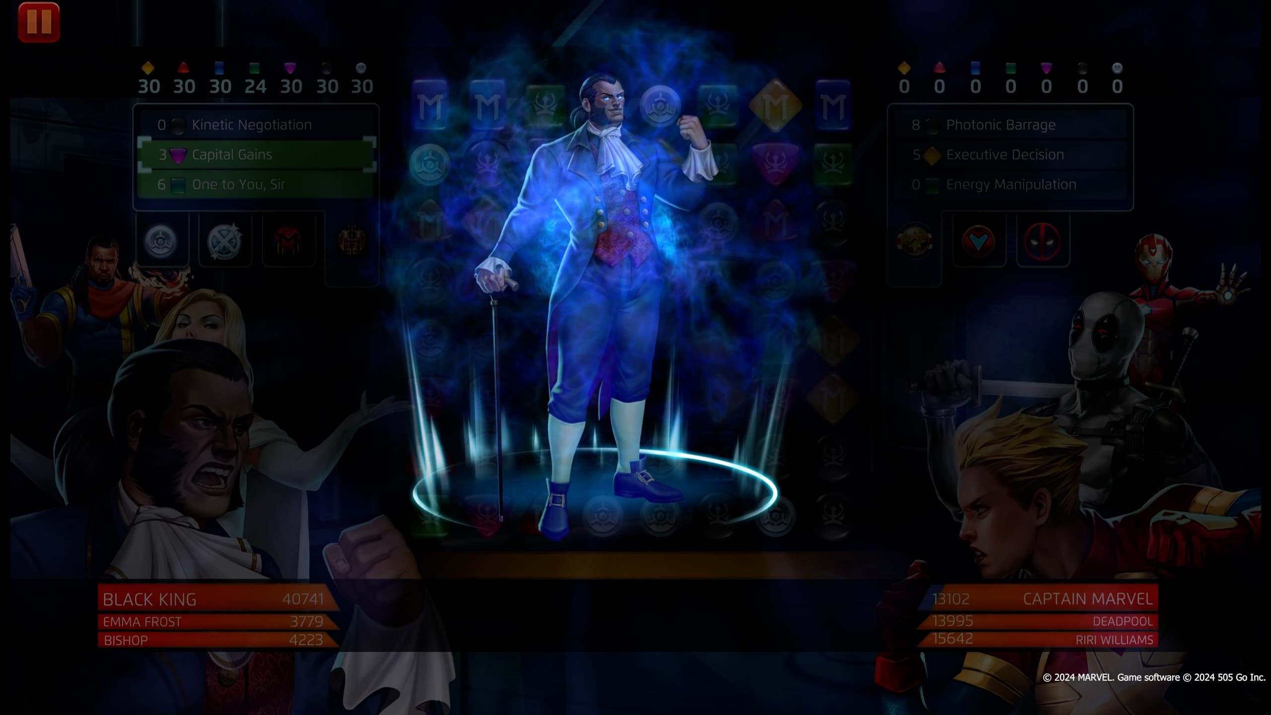 Sebastian Shaw (Black King) uses Capital Gains in MARVEL Puzzle Quest