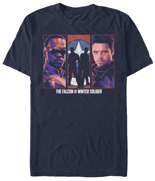 <a href=https://www.amazon.com/Marvel-Falcon-Winter-Soldier-T-Shirt/dp/B08SV78QNS>Falcon and Winter Soldier Panel T-Shirt</a> / Amazon