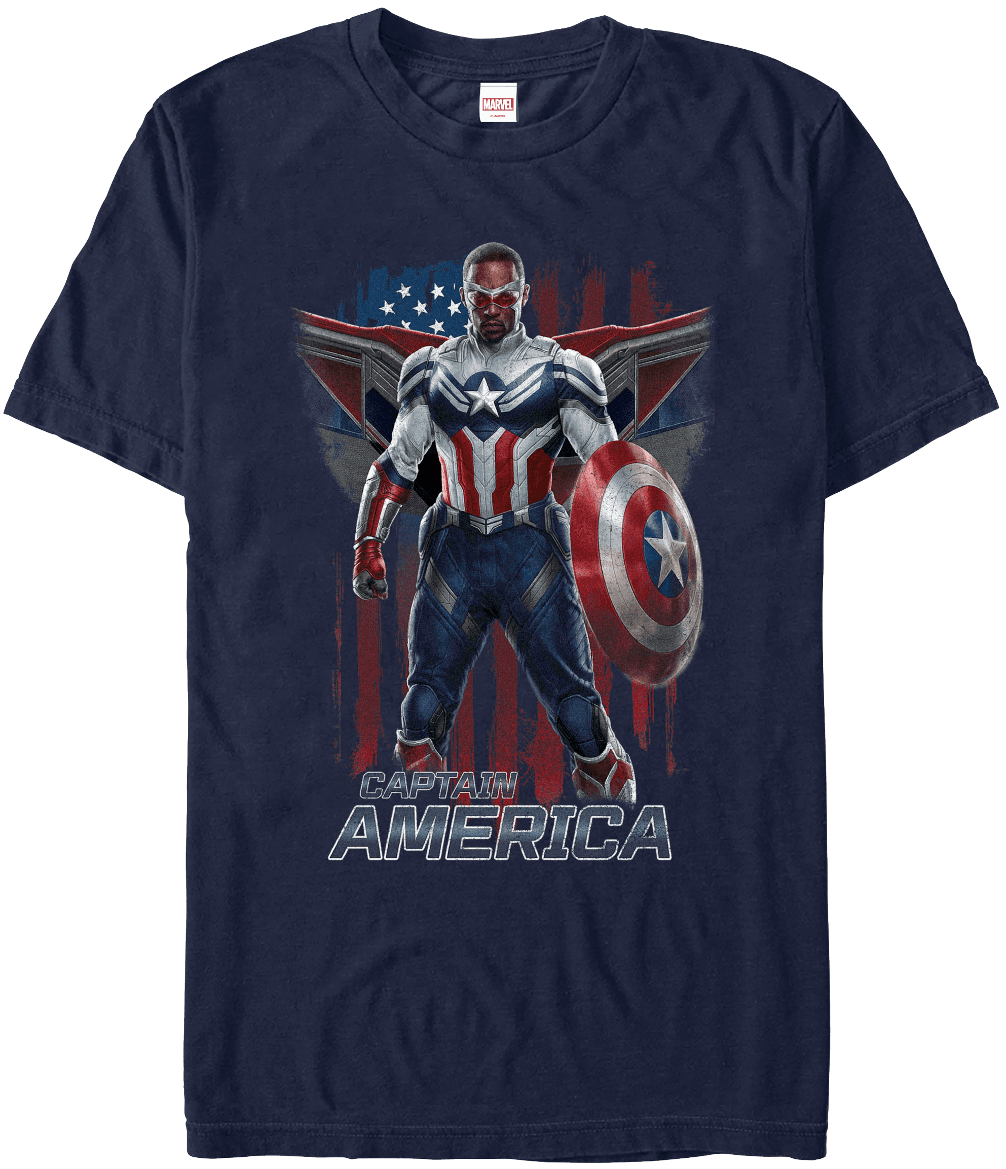 <a href=https://www.amazon.com/Marvel-Soldier-Captain-America-Portrait/dp/B093CZJJXR>Captain America Flag T-Shirt</a> / Amazon