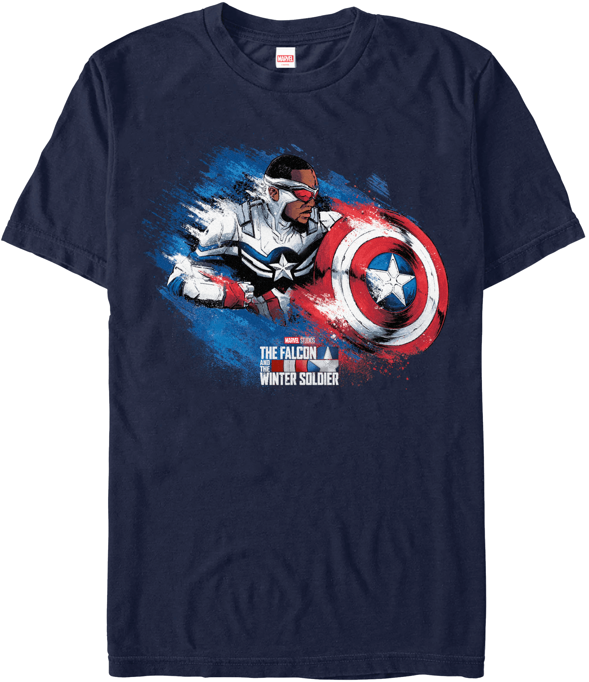 <a href=https://www.amazon.com/Marvel-Soldier-Captain-America-T-Shirt/dp/B093CXFJMS>Captain America Paint Swipe T-Shirt</a> / Amazon