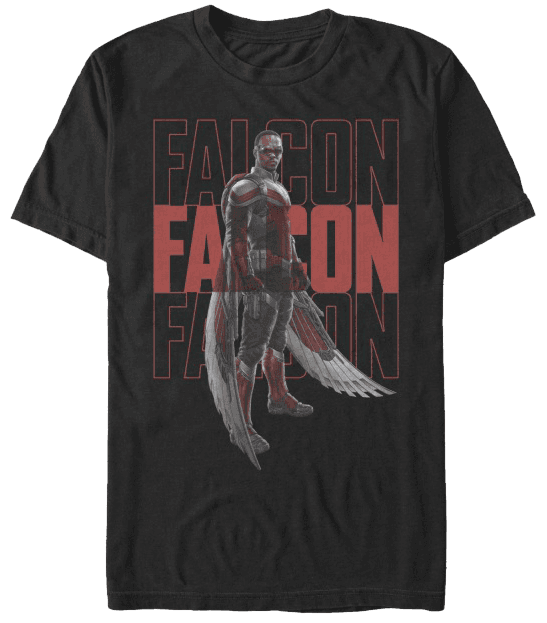 <a href=https://www.hottopic.com/product/marvel-the-falcon-and-the-winter-soldier-falcon-repeating-t-shirt/15222231.html>Falcon Repeating T-Shirt</a> / Hot Topic