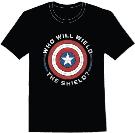 <a href=https://www.hottopic.com/product/marvel-the-falcon-and-the-winter-soldier-who-will-wield-t-shirt/15222591.html>Who Will Wield The Shield? T-Shirt</a> / Hot Topic