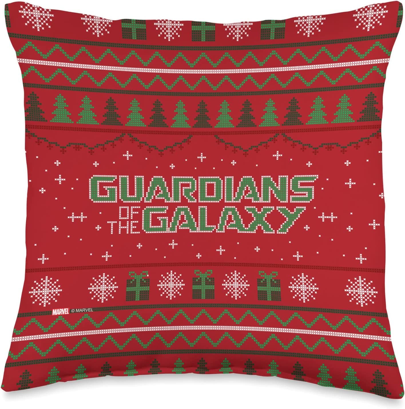 Guardians sweater pillow / shop it <a href=https://www.amazon.com/Marvel-Guardians-Galaxy-Holiday-Multicolor/dp/B0BGYS4XD6>here</a>