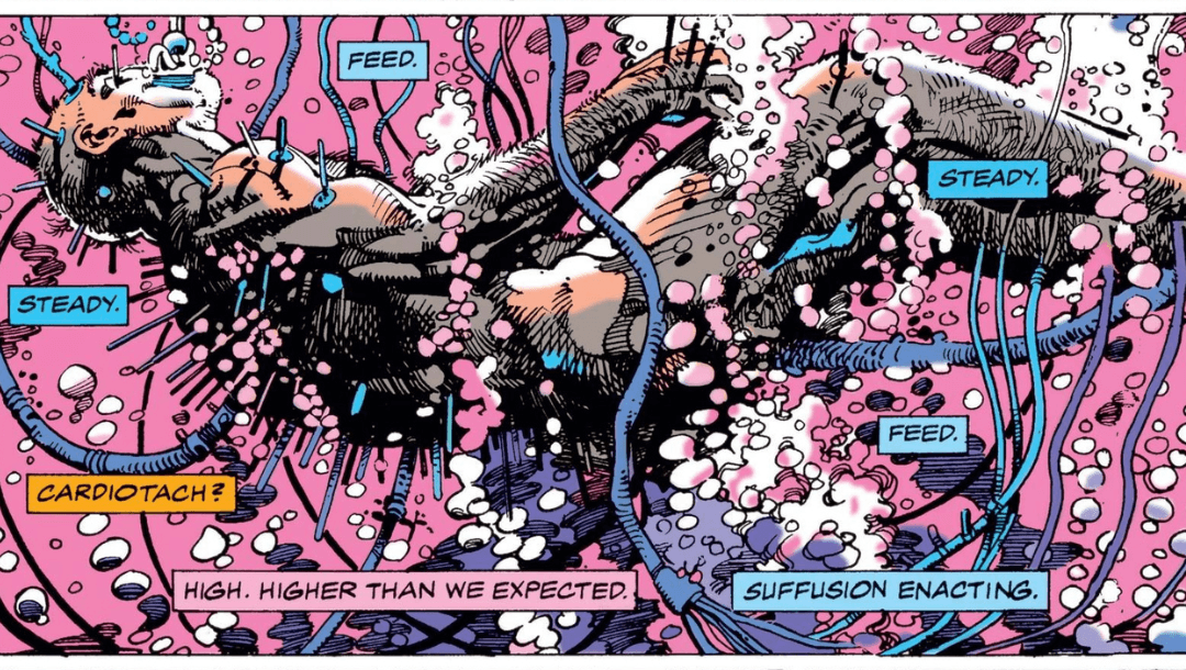 Logan undergoes an adamantium-bonding experiment