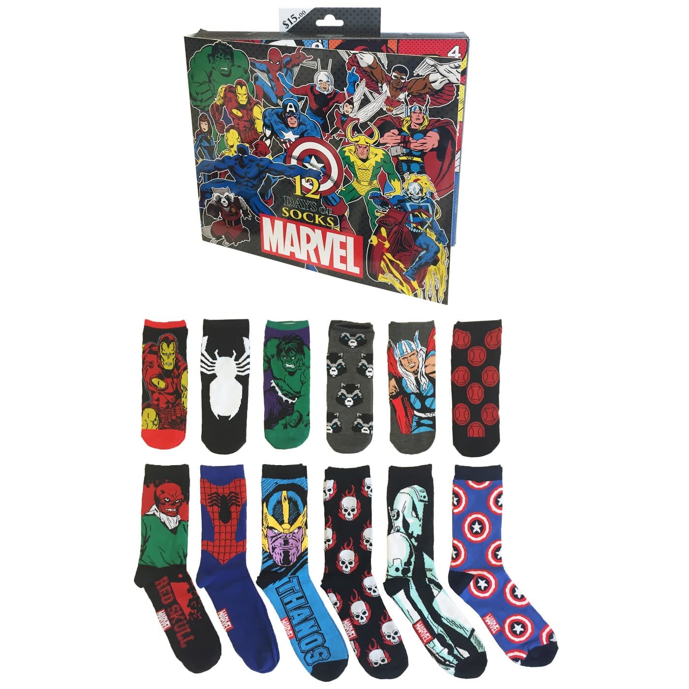 Advent Calendar 12 Pair Marvel Crew Socks Mens