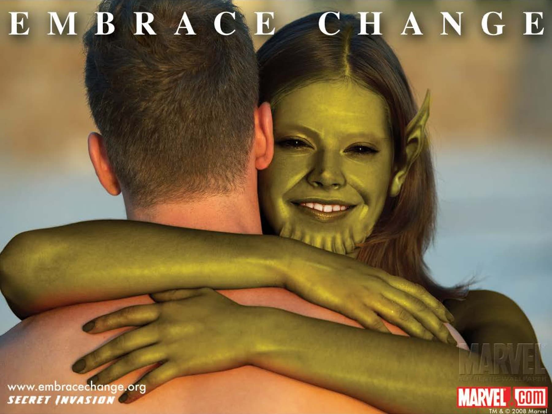 Embrace Change Promotional Image: Skrull Woman Embraces Human Man