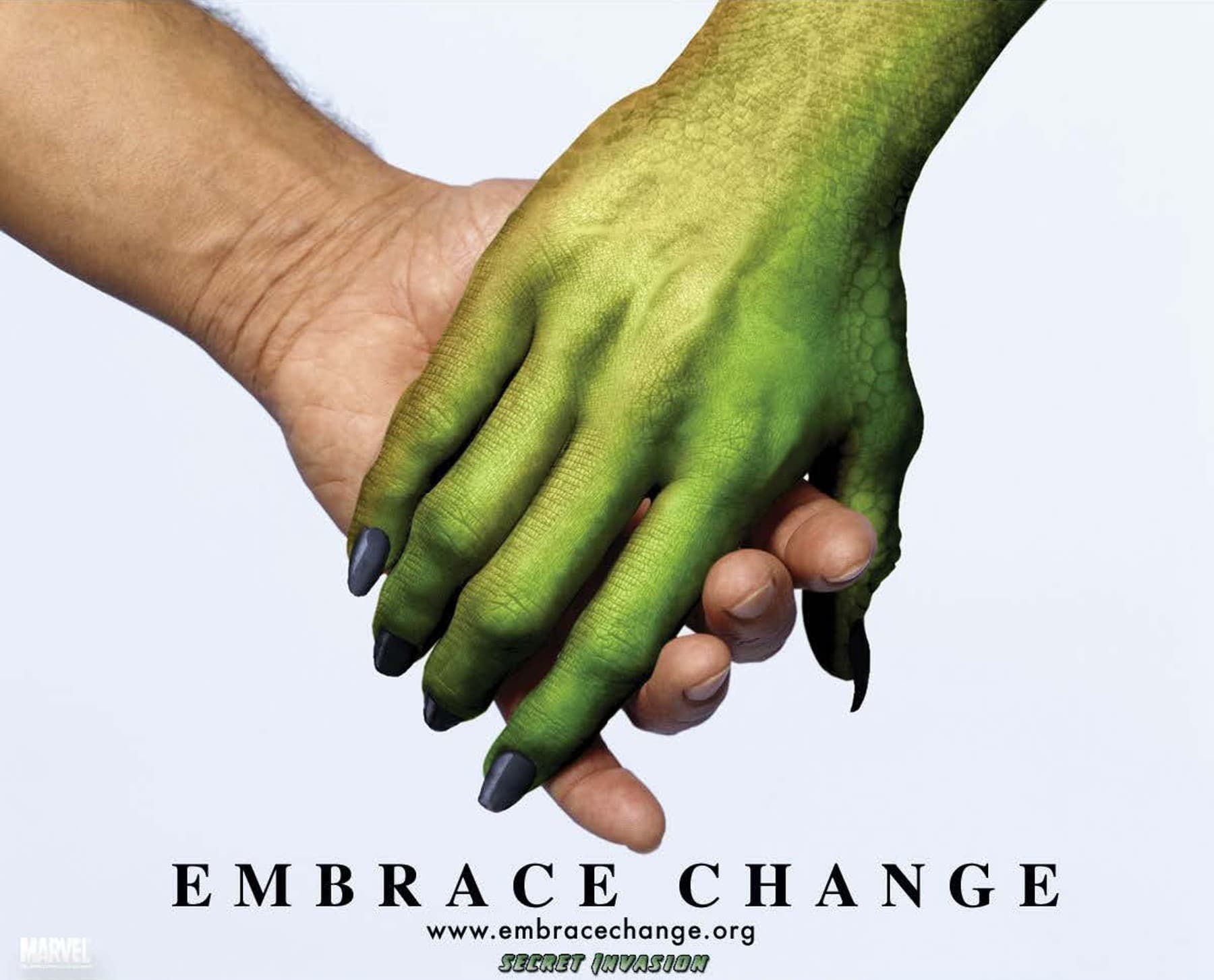 Embrace Change Promotional Image: A Skrull and Human Holding Hands